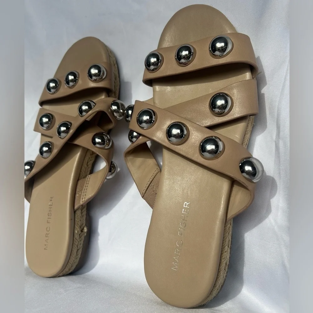 Marc Fisher Prisca Ball-Studded Espadrille Sandals in Tan